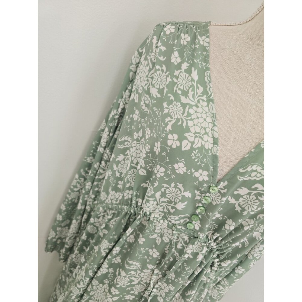 Summersalt Cinched Waist Caftan Dress XL Floral Green Ivy Long Midi V-Neck - Picture 12 of 12